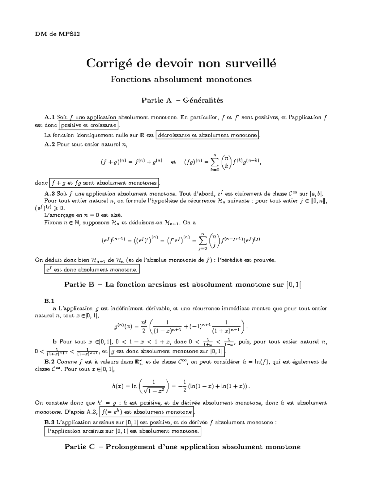 DM Absolument Monotones Corrige DM De MPSI Corrig E De Devoir Non Surveill E Fonctions Studocu