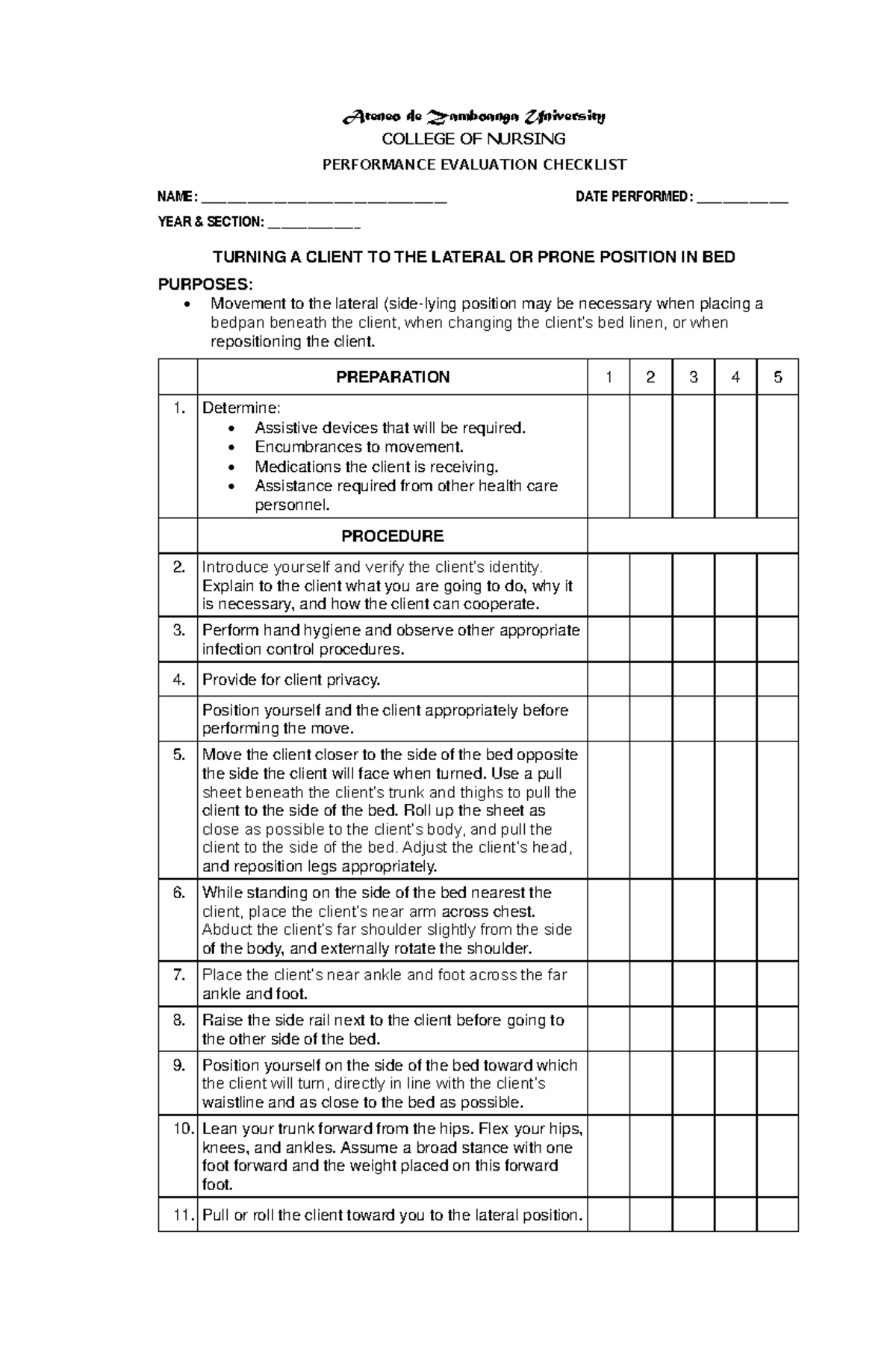 Turning a Client to the Lateral or Prone Position in Bed - Ateneo de ...