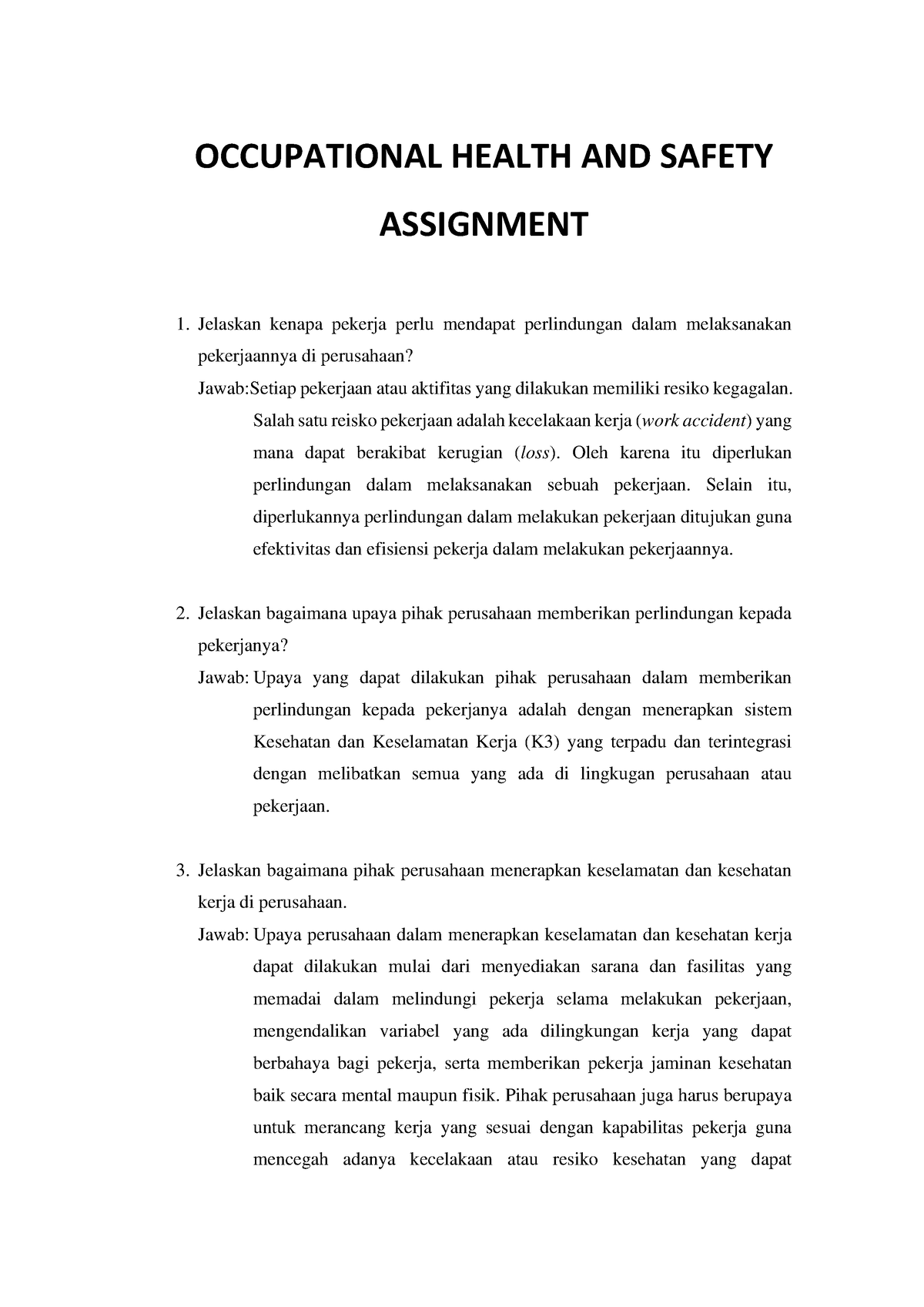 contoh assignment osha