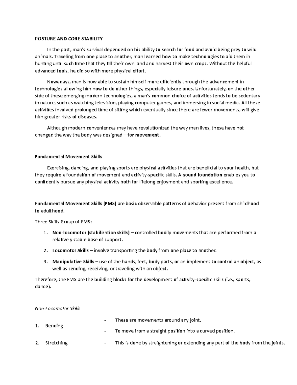 PE1 - ... - POSTURE AND CORE STABILITY In the past, man’s survival ...