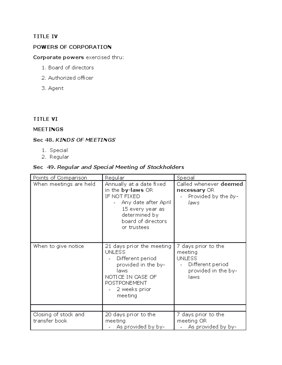 Meetings LAW Reviewer - lecture notes - TITLE IV POWERS OF CORPORATION ...