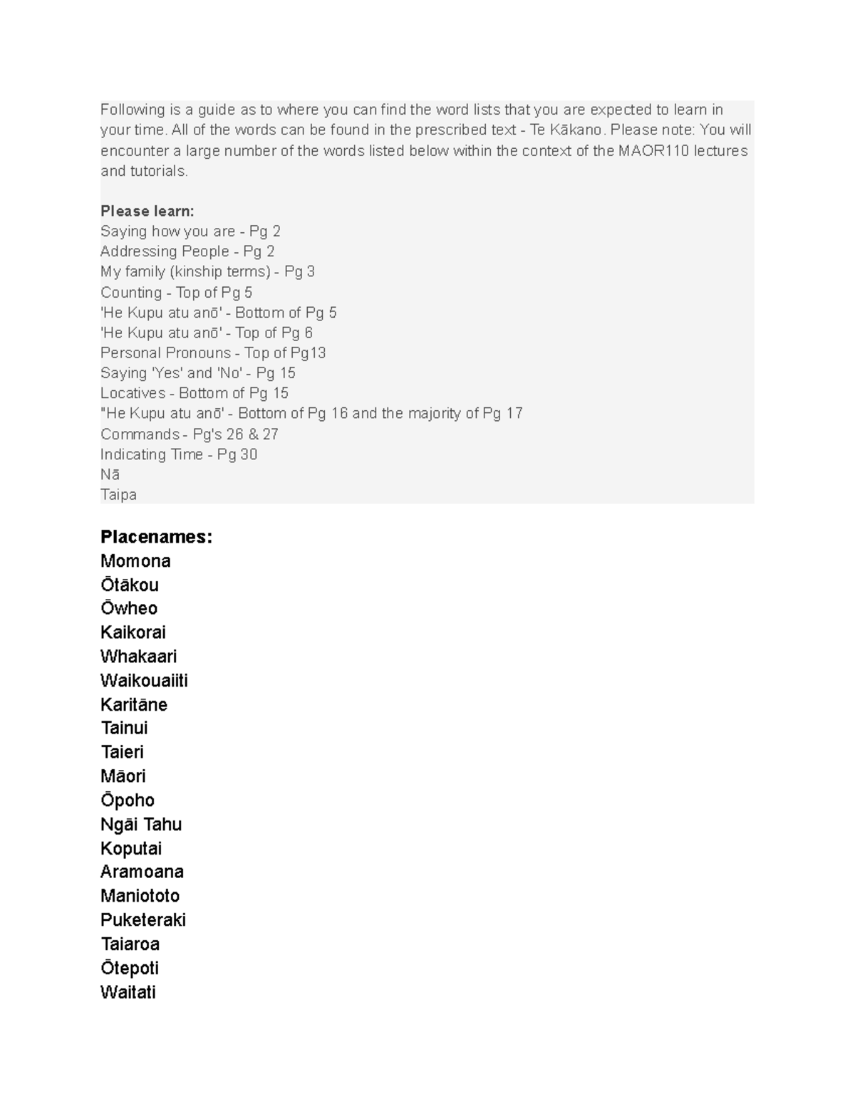Words list to study - Following is a guide as to where you can find the ...