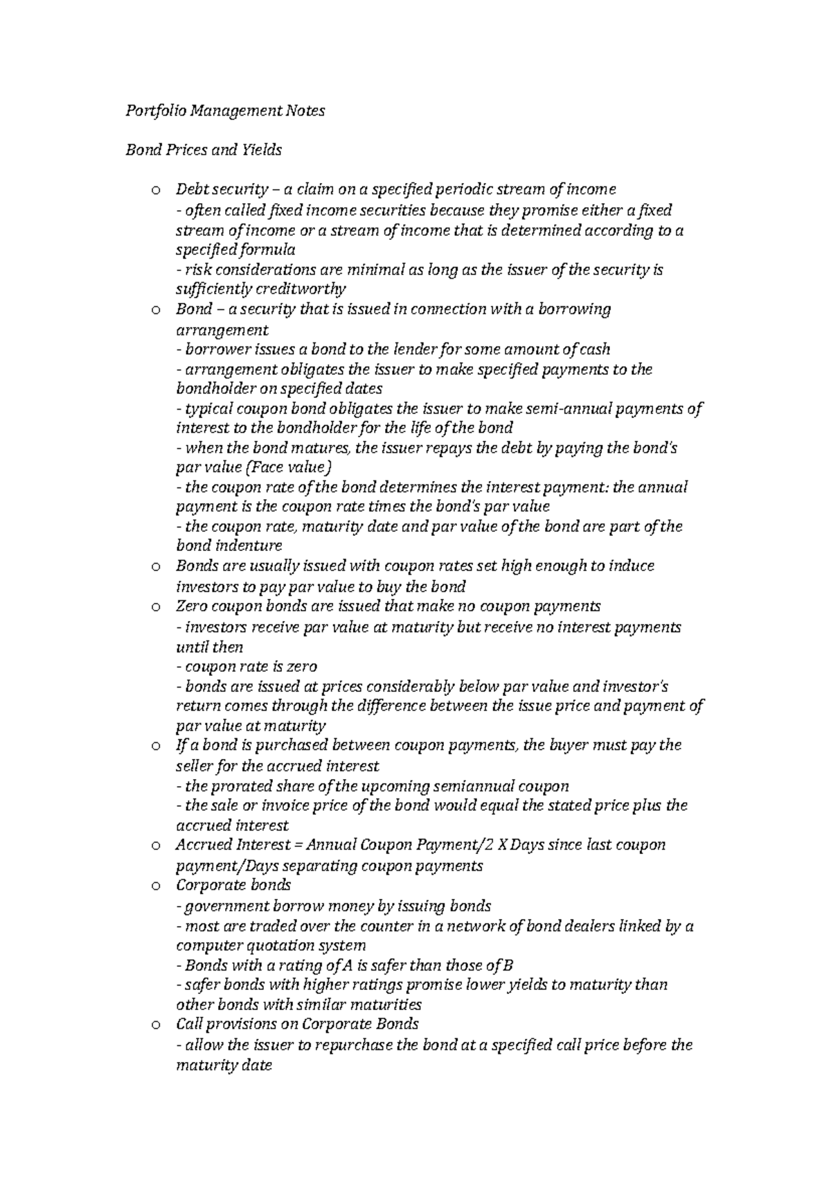 Summary Investments - portfolio management notes - Portfolio Management ...