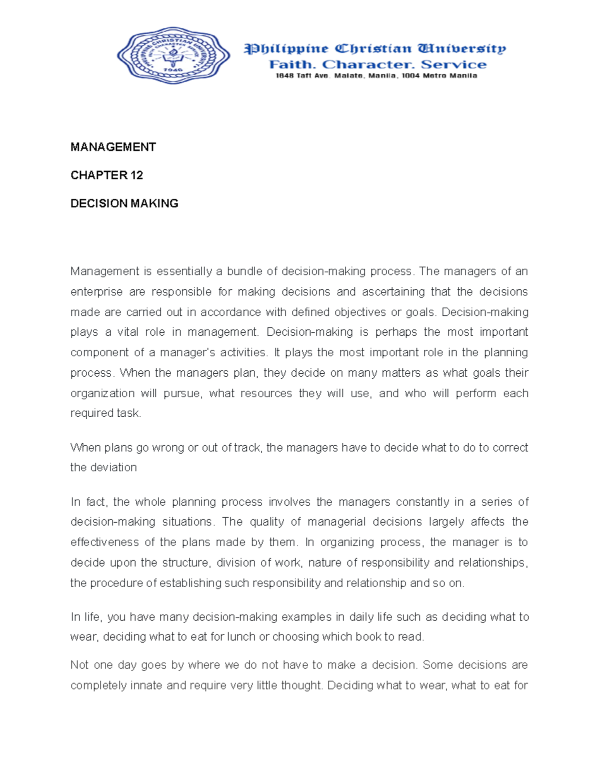 Decision Making - notes - MANAGEMENT CHAPTER 12 DECISION MAKING ...