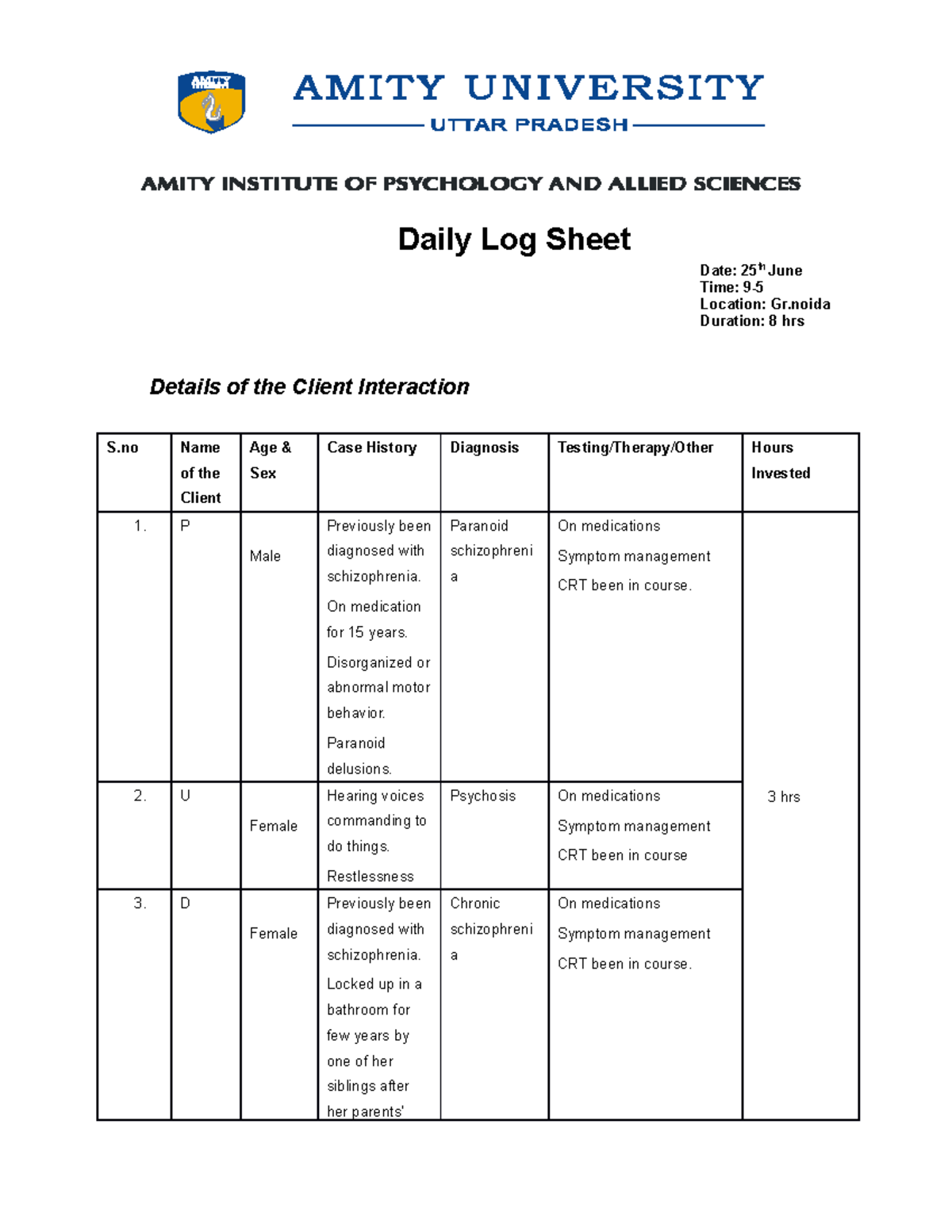 LOG Sheet 9 field work Daily Log Sheet Date 25th June Time 9