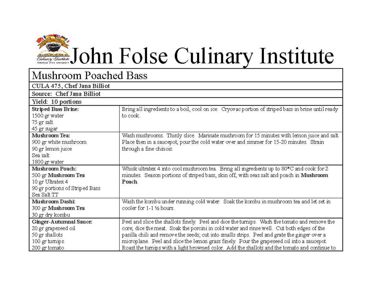 Mushroom poached bass cula 475 John Folse Culinary Institute