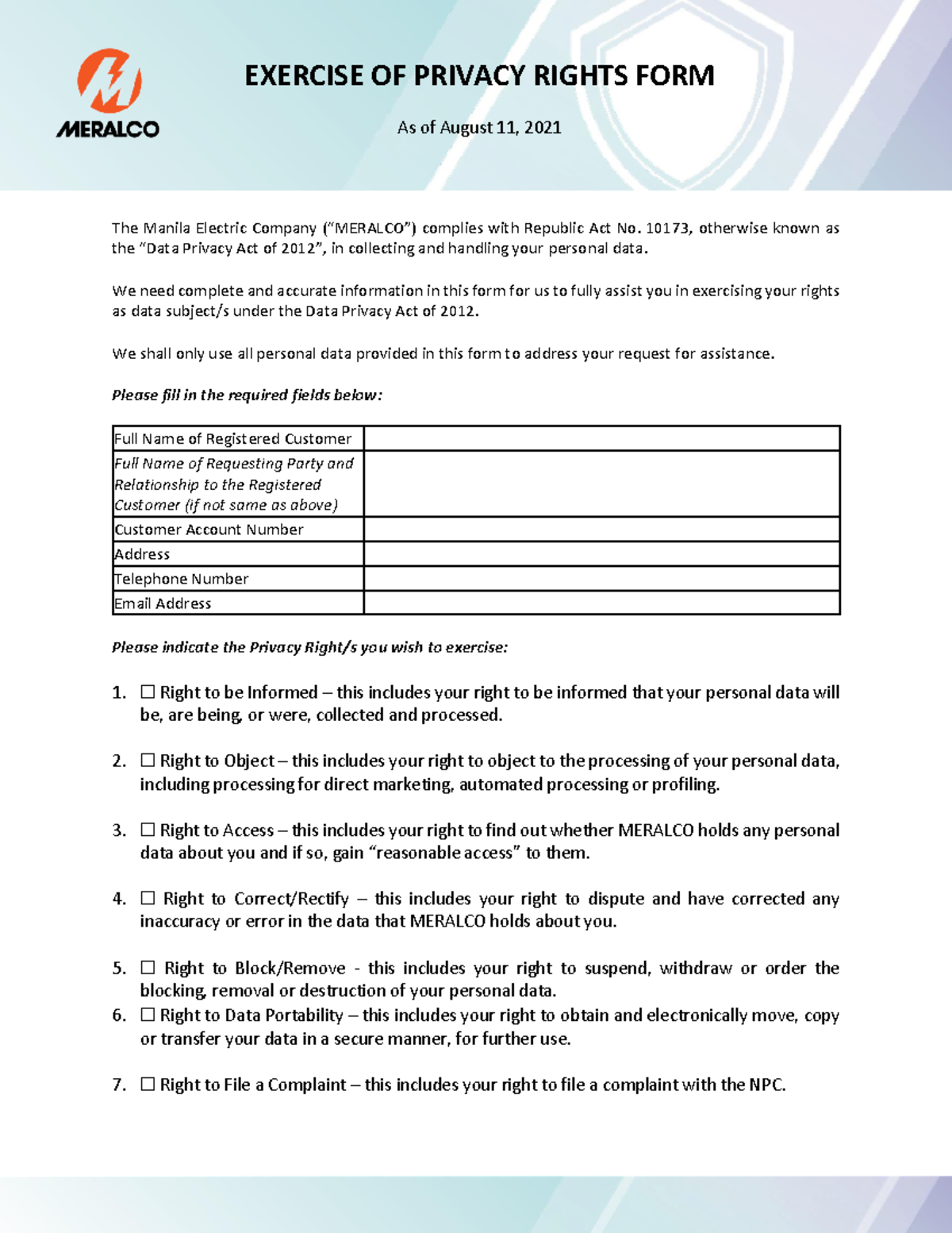 Exercise of Privacy Rights Form 11Aug2021 - The Manila Electric Company