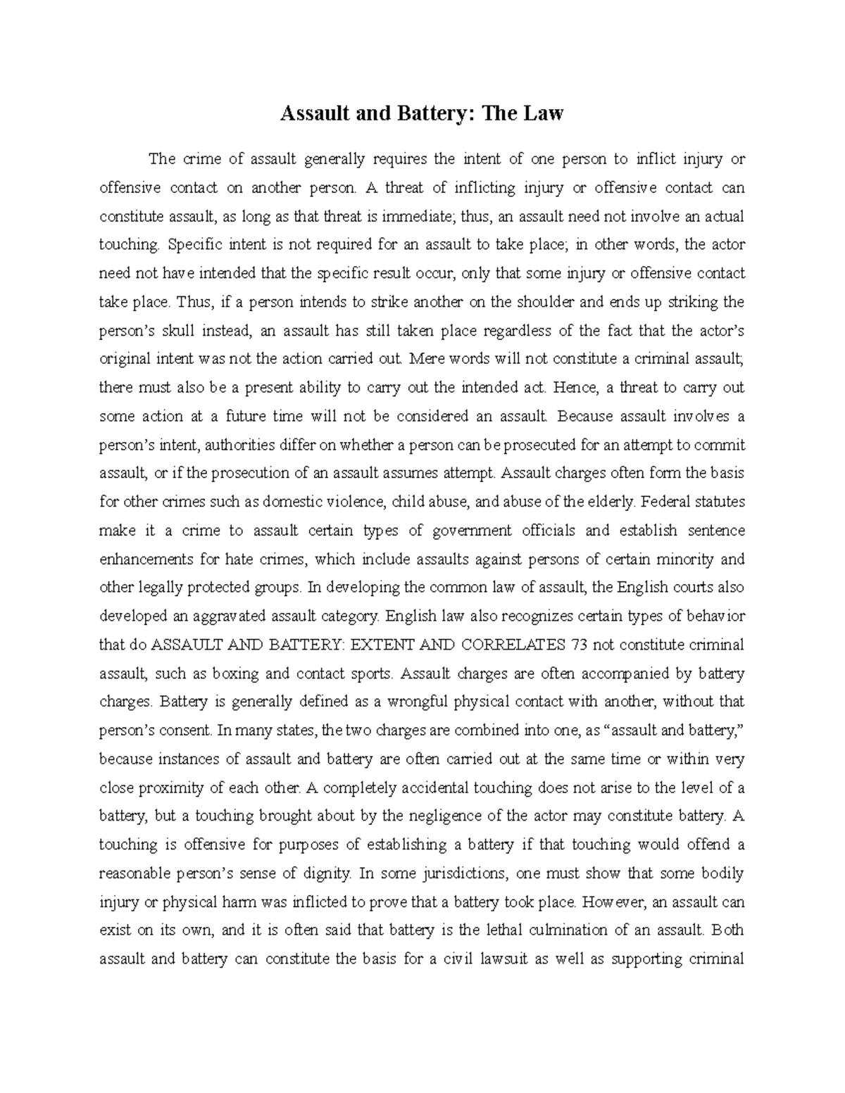 Assault and Battery The Law Assault and Battery The Law The crime