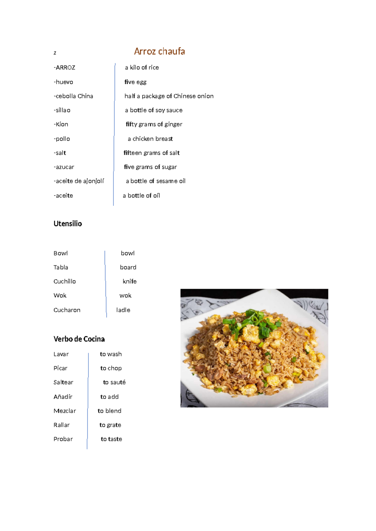 Receta en ingles - TRABAJO - z Arroz chaufa -ARROZ a kilo of rice
