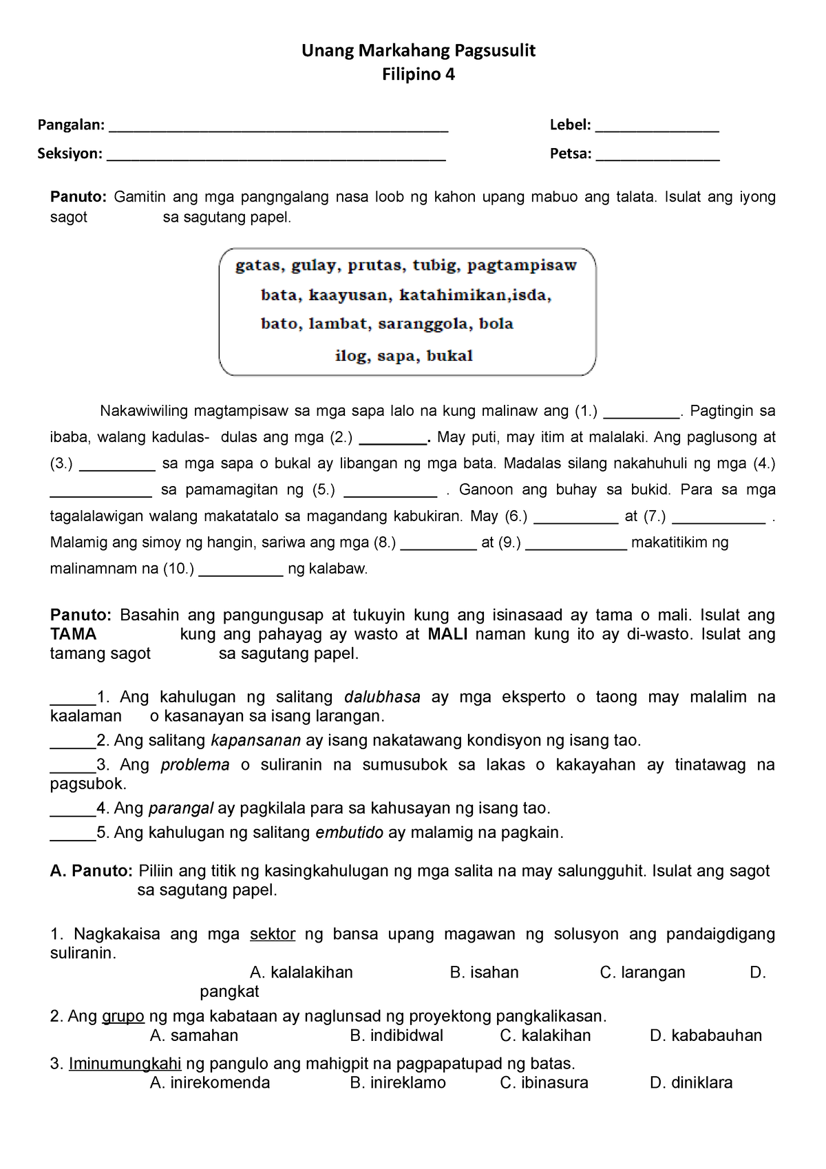 Filipino G4 - Unang Markahang Pagsusulit Filipino 4 Pangalan: - Studocu