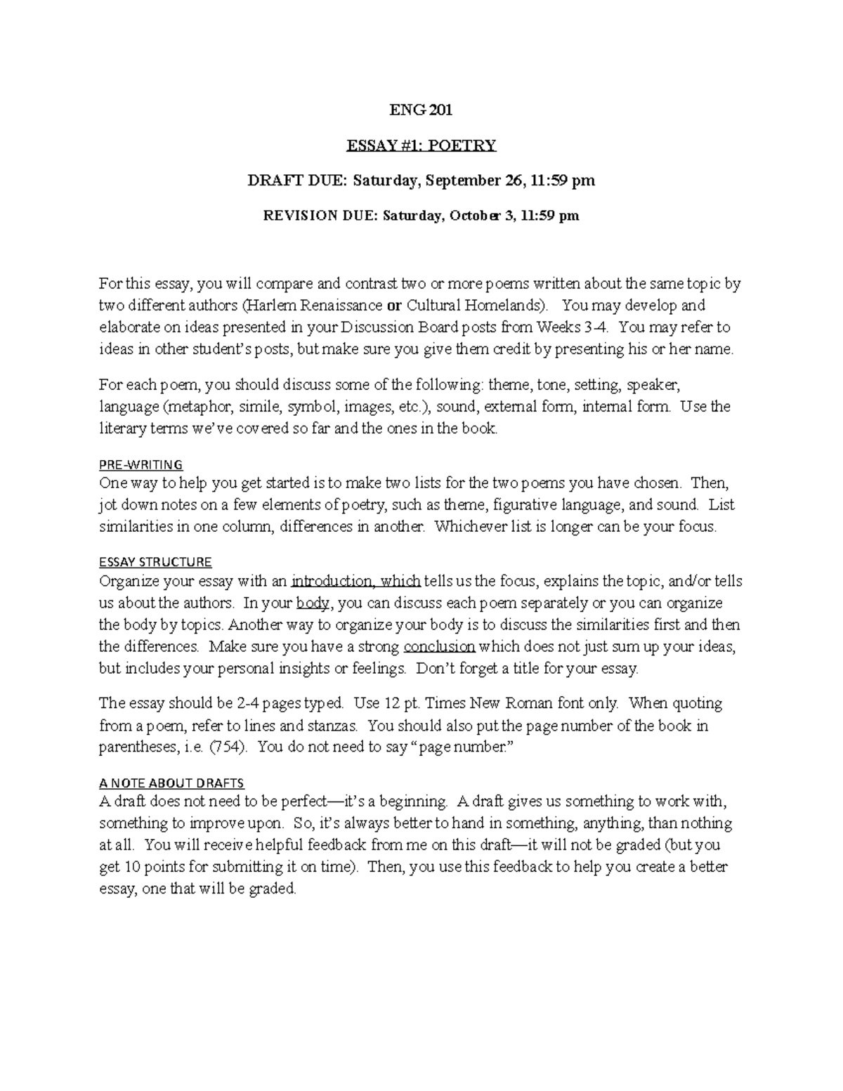 1 Poetry Essay ENG 201 ESSAY 1 POETRY DRAFT DUE Saturday