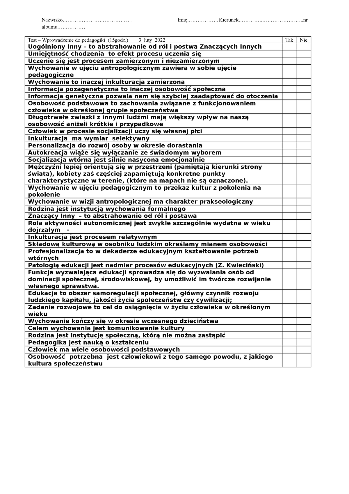 2022 Test Wprowadzenie Do Pedagogiki - Nazwisko