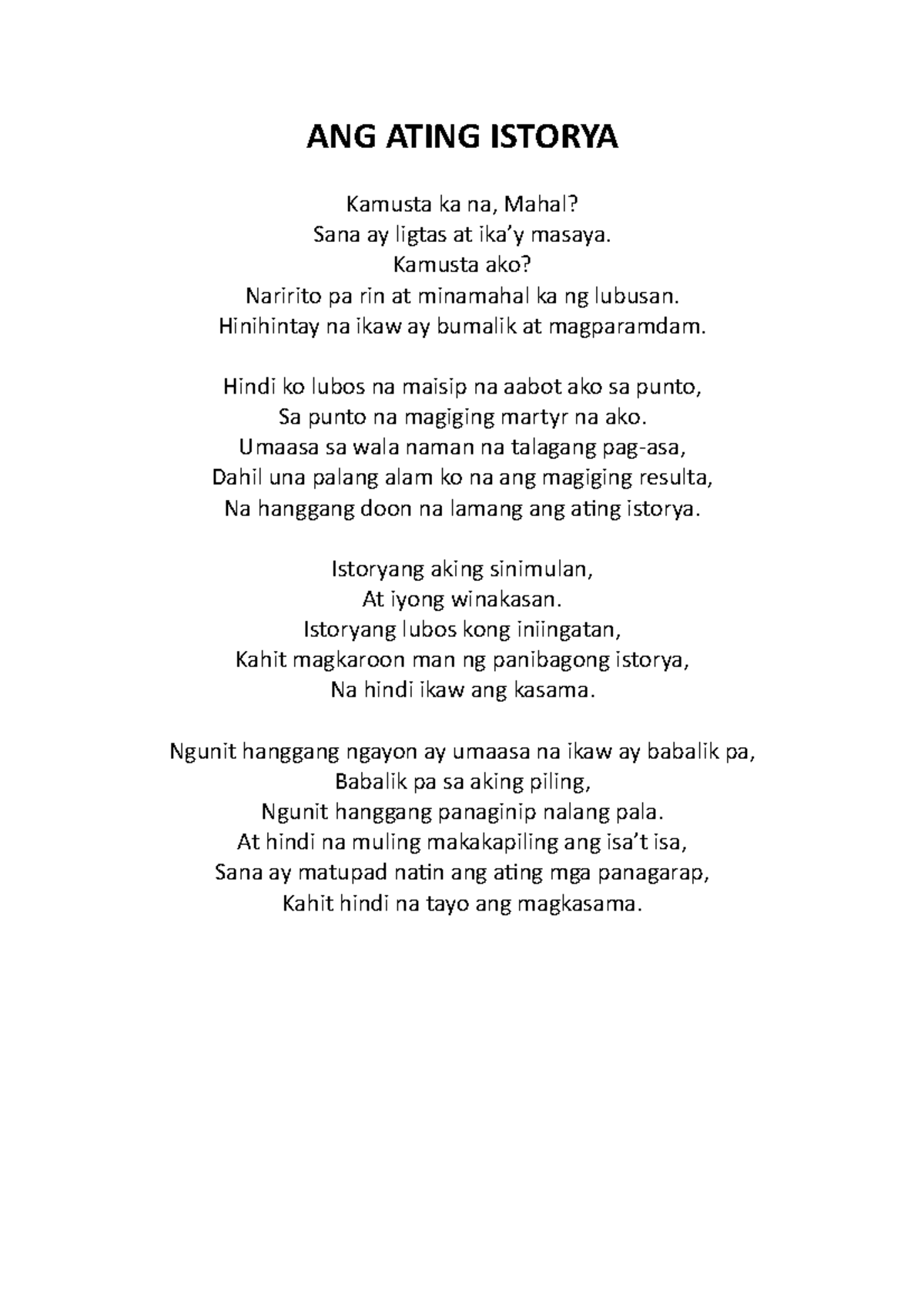 ANG- Ating- Istorya - tula - ANG ATING ISTORYA Kamusta ka na, Mahal ...