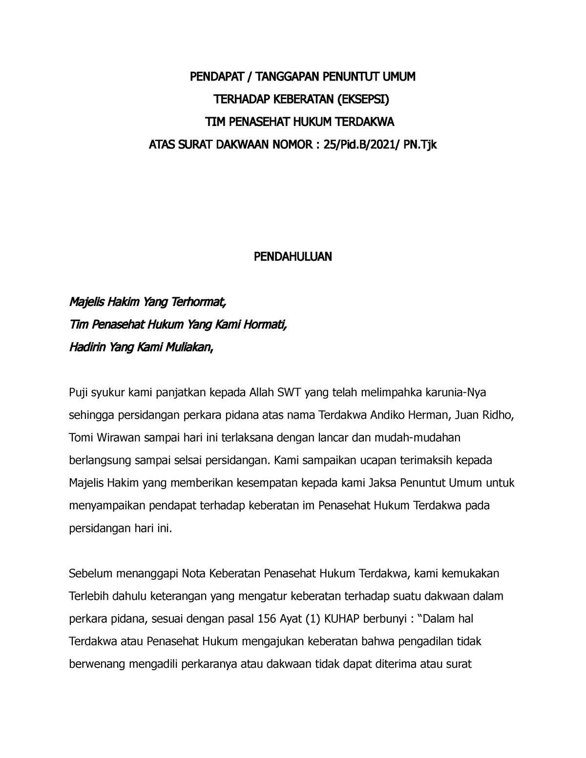 Eksepsi Hukum Acara Dan Praktik Peradilan Pidana - PENDAPAT / TANGGAPAN ...