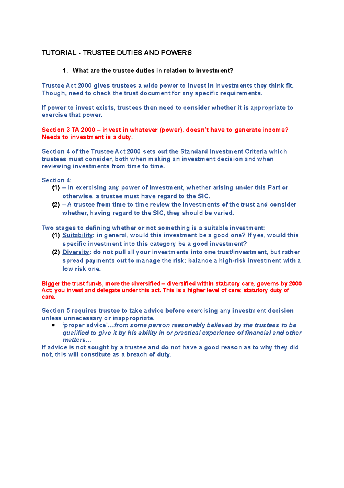 Tutorial 7 - TUTORIAL - TRUSTEE DUTIES AND POWERS What are the trustee ...