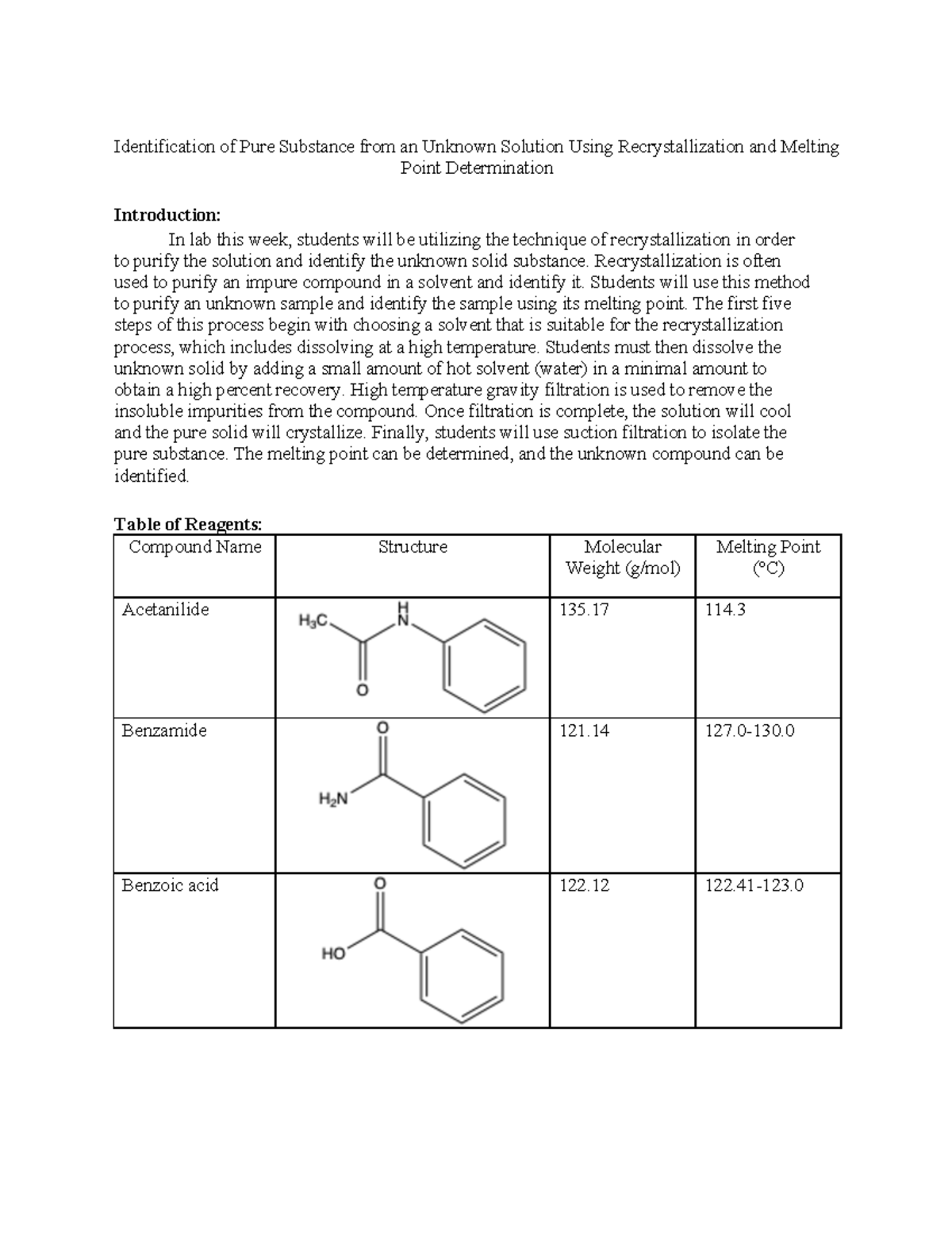 Lab #1 Recrystallization - Identification Of Pure Substance From An ...