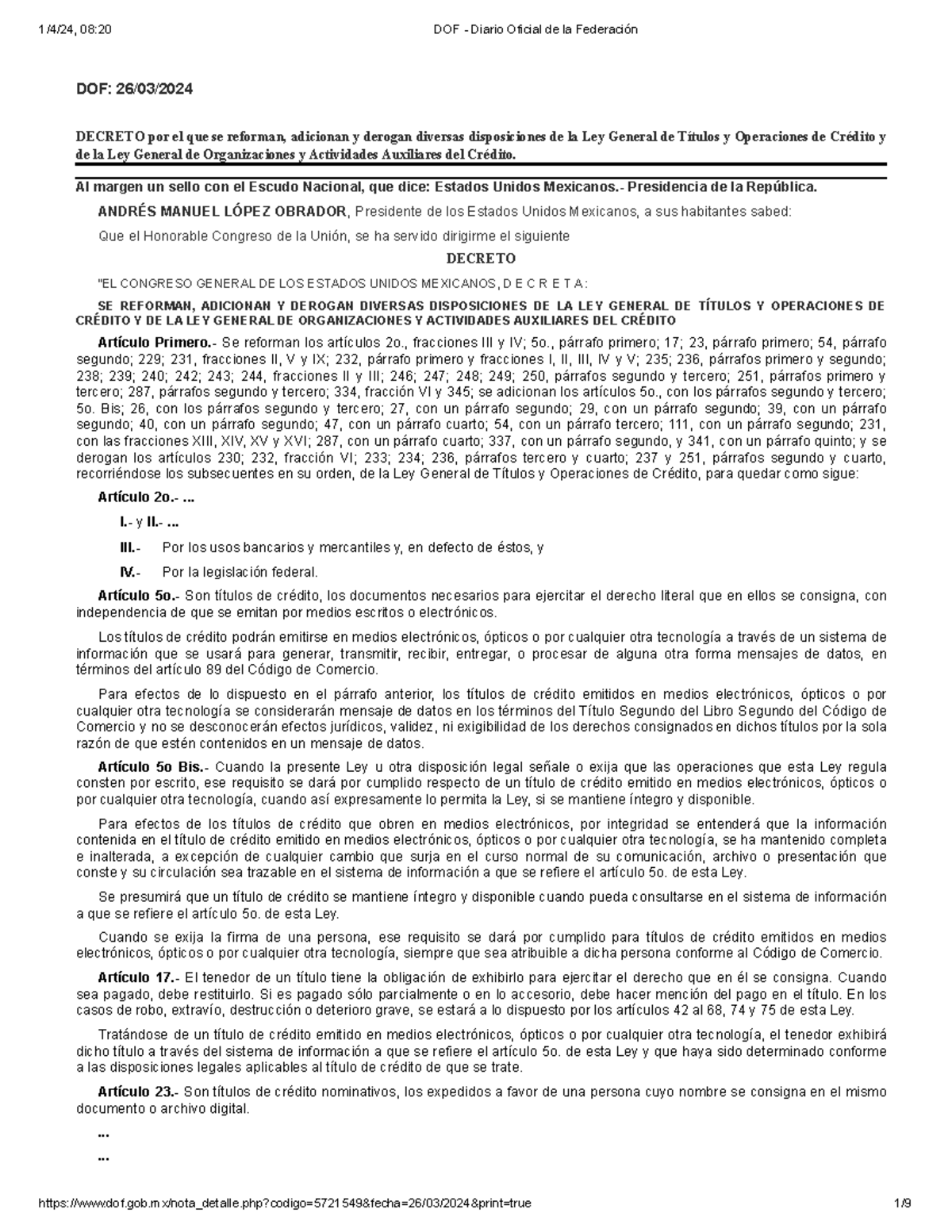 DOF Diario Oficial de la Federación 26 de marzo Títulos de crédito