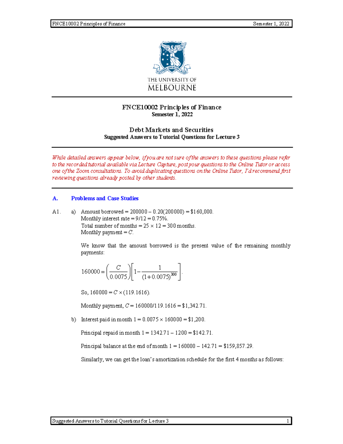 Tutorial 03 - Debt Val - Ans - FNCE10002 Principles of Finance Semester ...