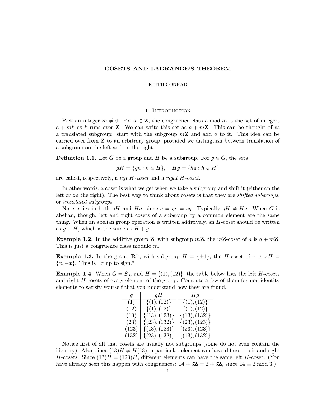 Coset And Langrage Theorem - COSETS AND LAGRANGE’S THEOREM KEITH CONRAD ...