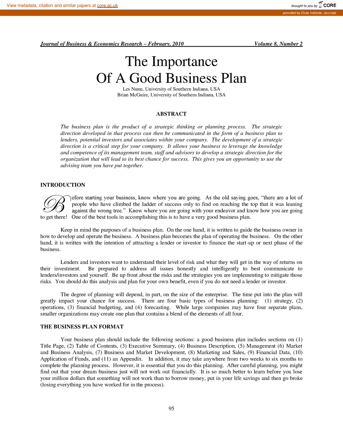 business plan journal articles