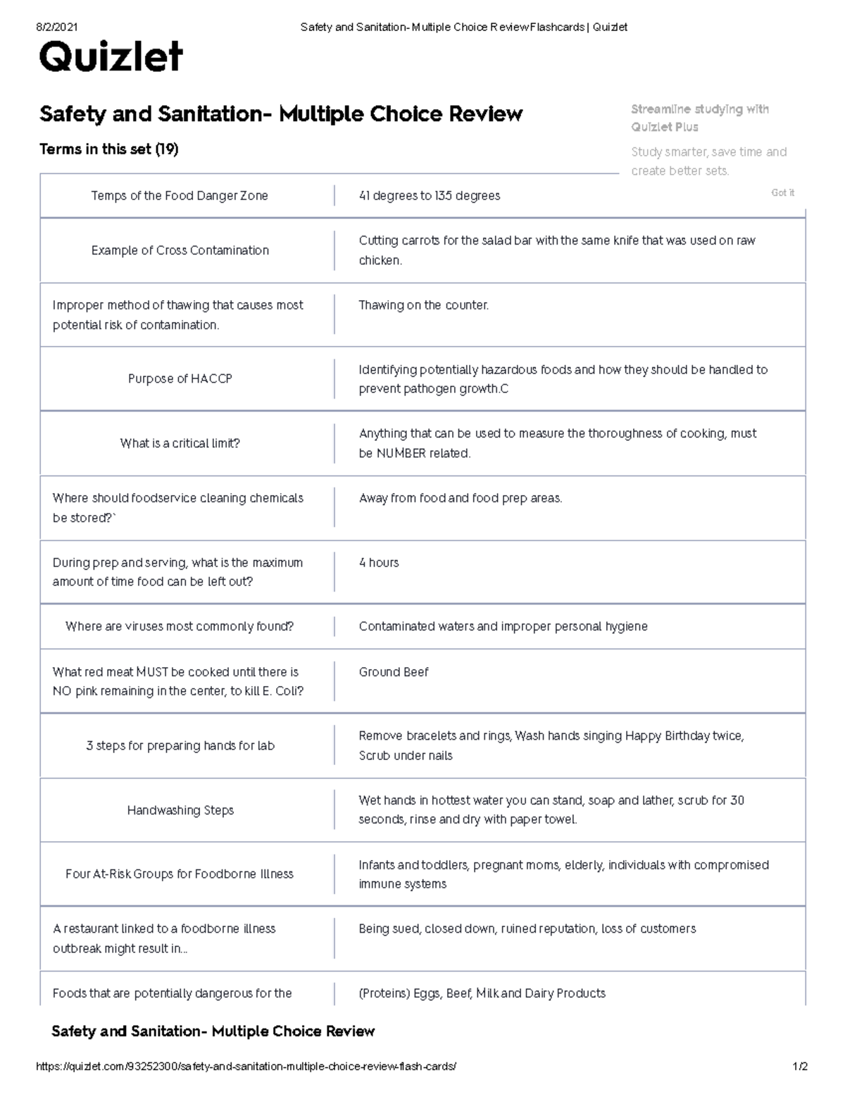 Safety and Sanitation Multiple Choice Review Flashcards Quizlet