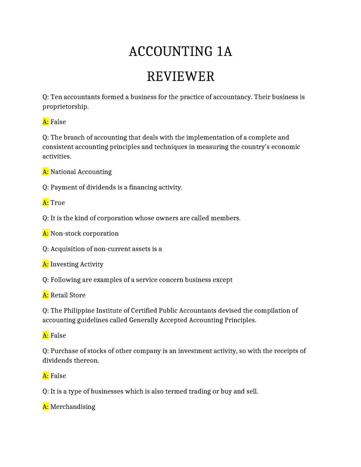 Accounting 1 - Answer Key - ACCOUNTING 1A REVIEWER Q: Ten Accountants ...