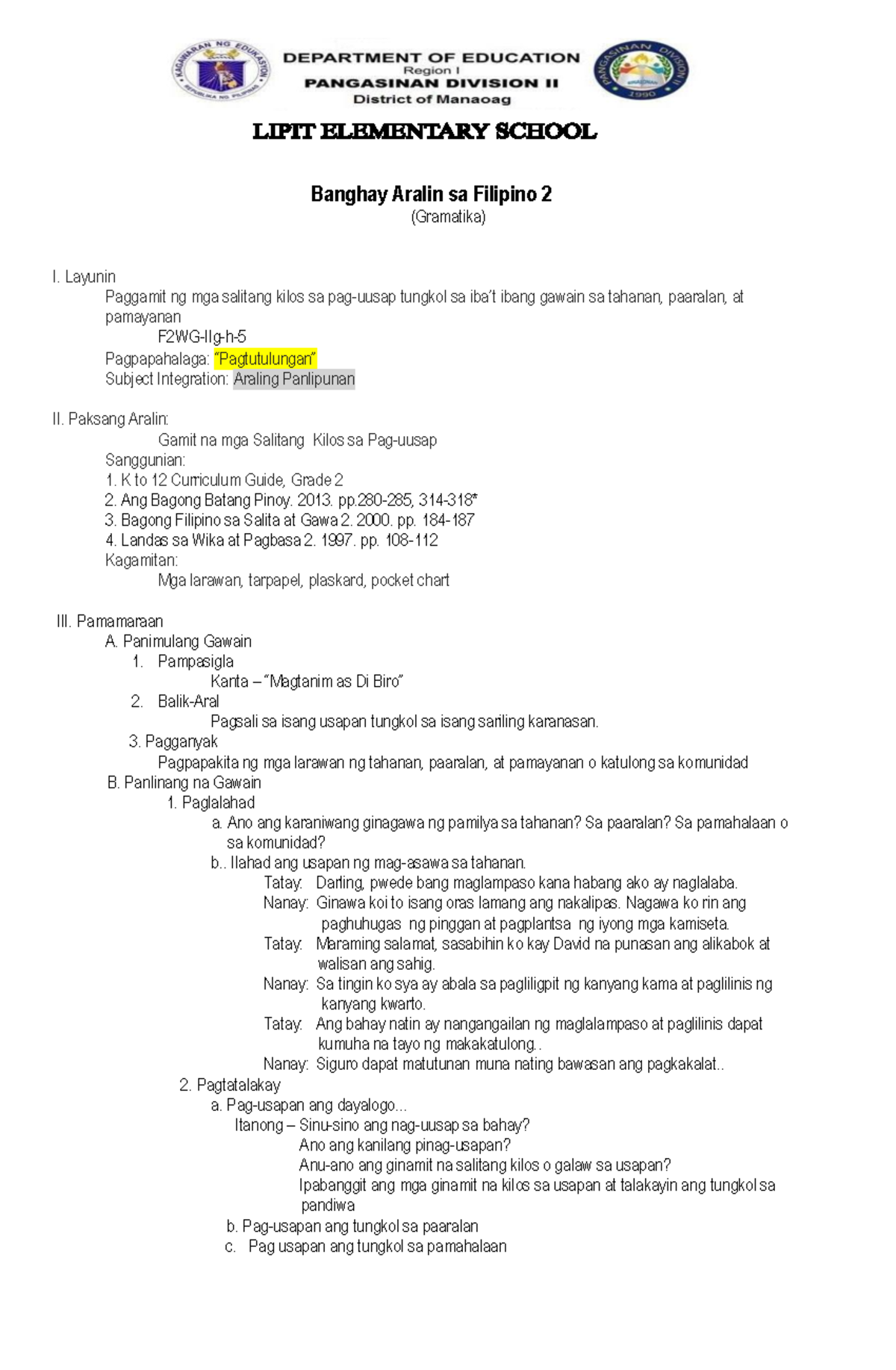 Pdfcoffee Lesson Plan In Filipino Banghay Aralin Sa Filipino 2 