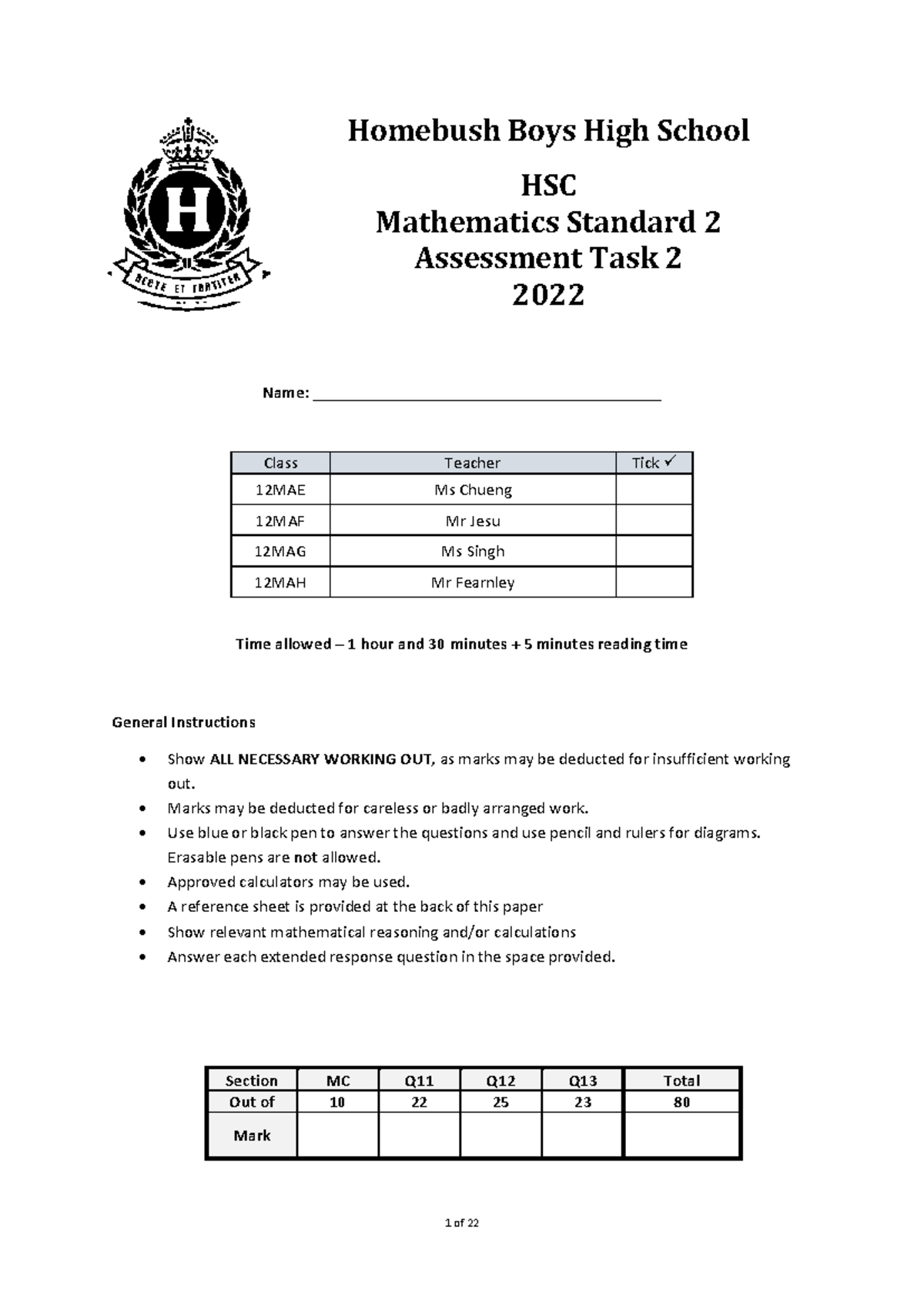 HSC Standard 2 Assessment Task 2 Homebush Boys High School HSC Mathematics Standard 2