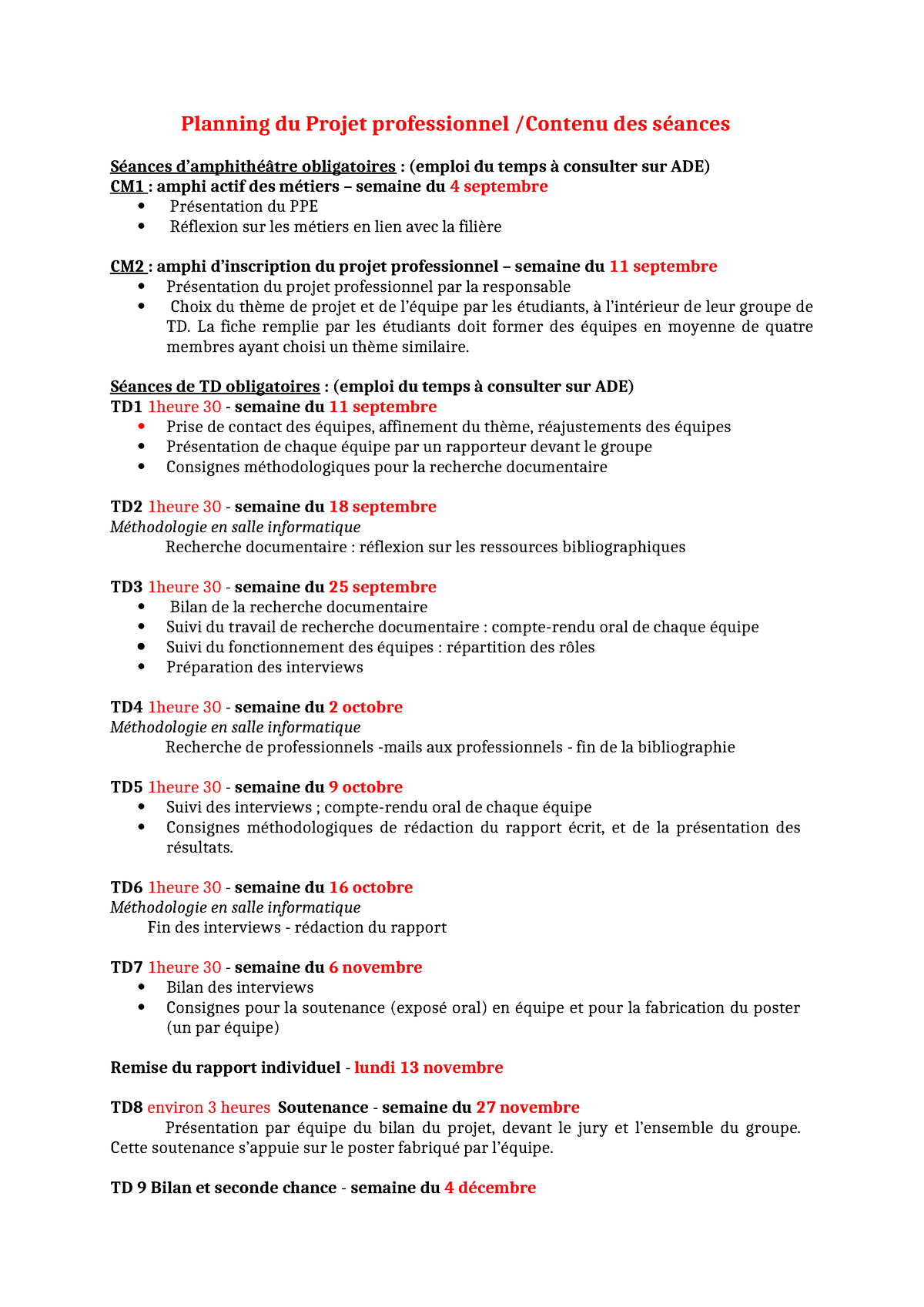 Fiches Td Document N Cessaire Pour Le Compte Rendu Planning Du