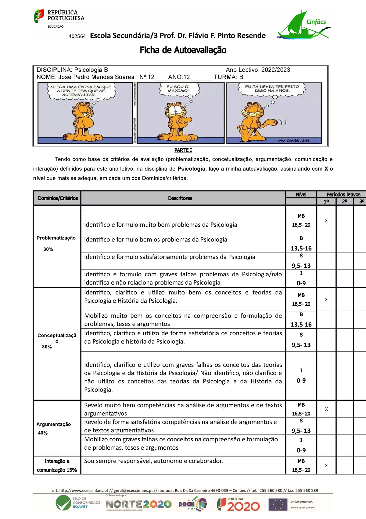 Auto-Avaliação-Psicologia - Ficha De Autoavaliação DISCIPLINA ...