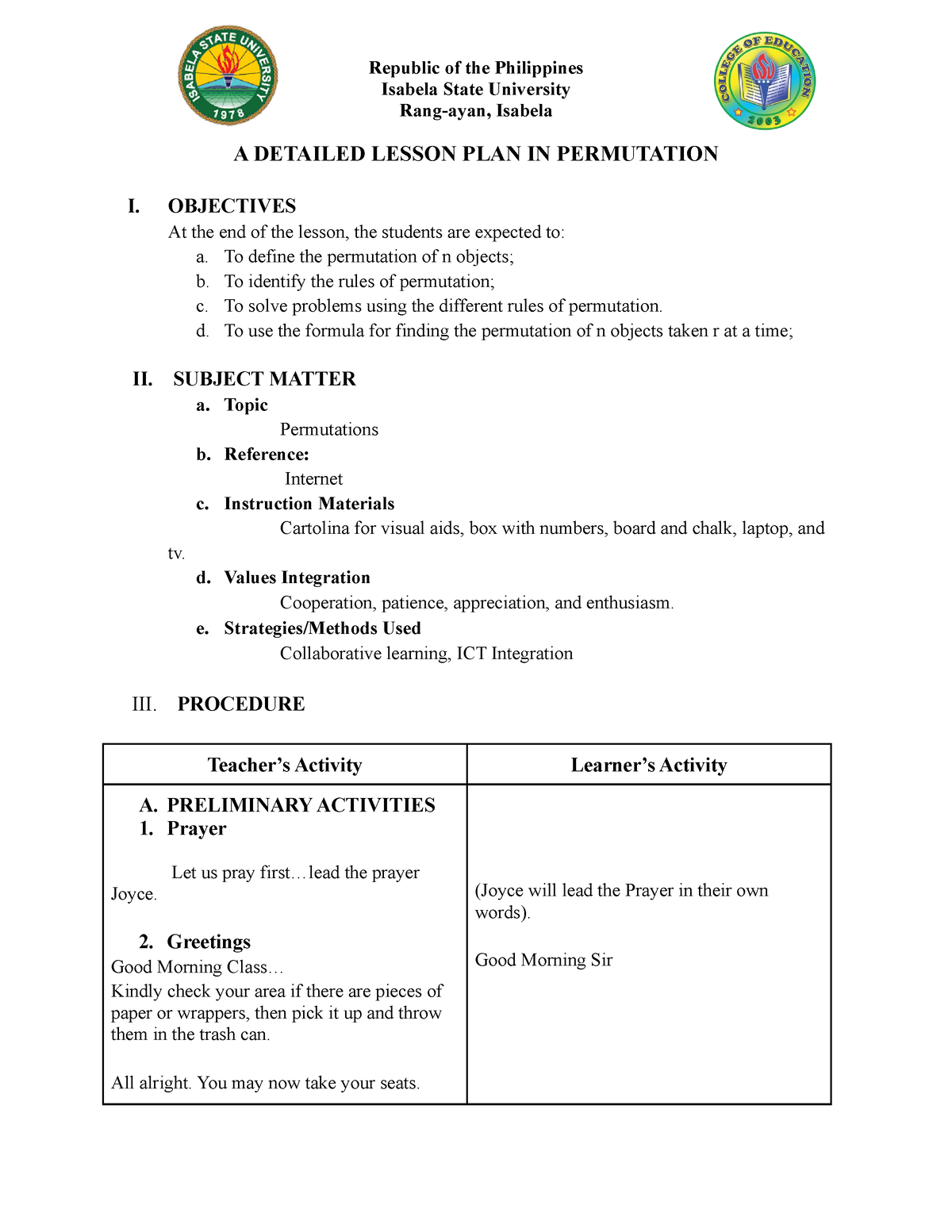 A Detailed Lesson Plan In Permutation - Isabela State University Rang 