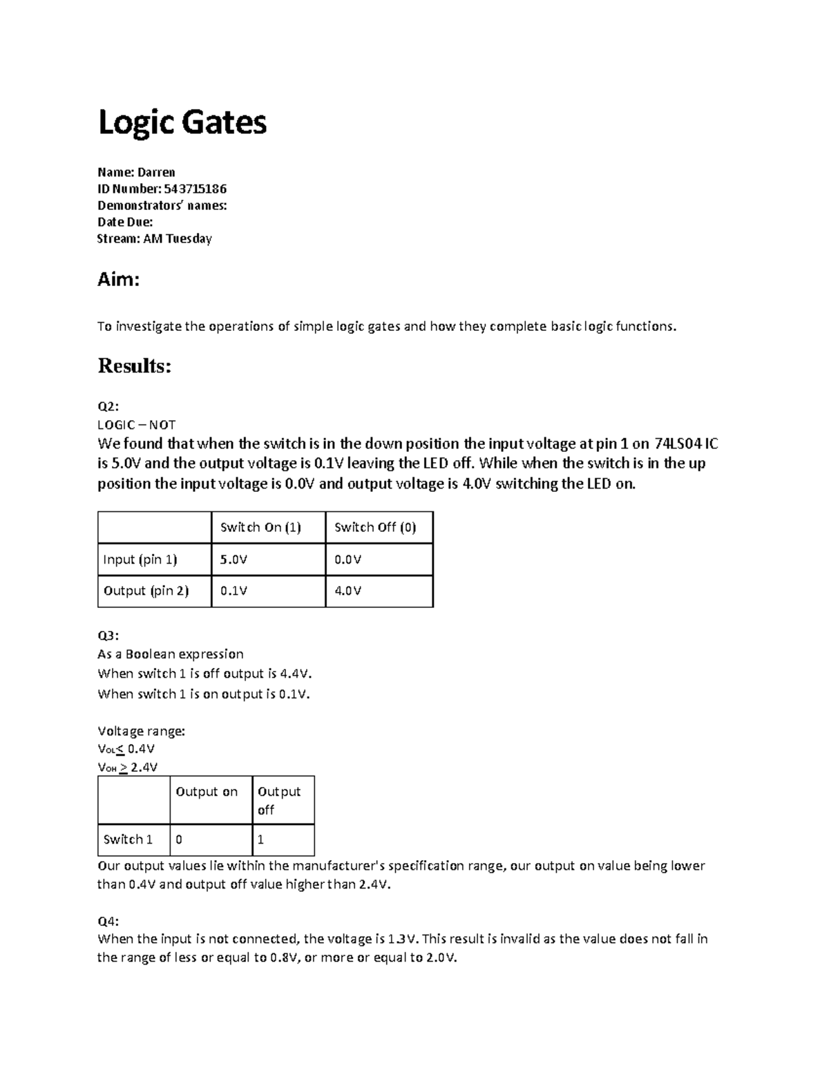 140 Lab Report 01 Sem 1 2023 - Logic Gates Name: Darren ID Number ...