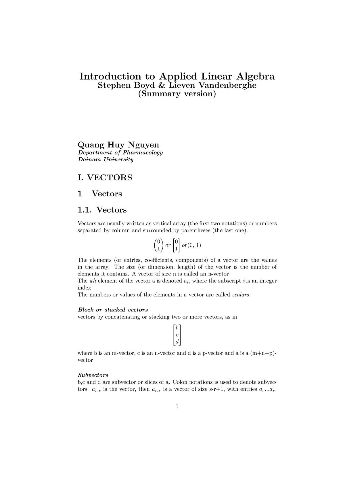 Summary bók línuleg kvik Introduction to Applied Linear Algebra