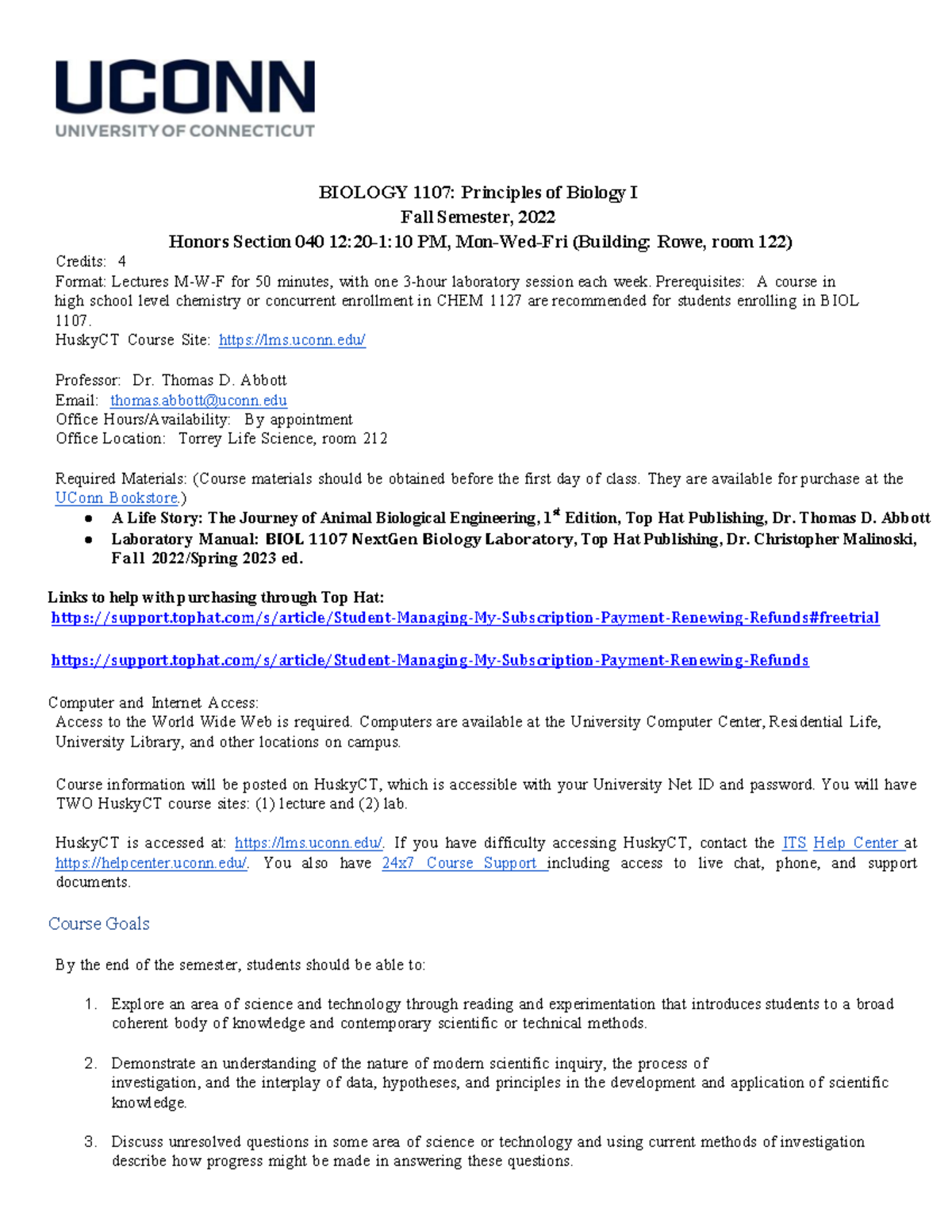 Fall Syllabus Honors Bio 1107 2022 - ! ! ! BIOLOGY 1107: Principles of ...