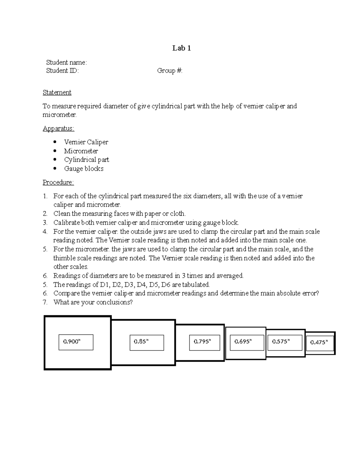 Lab 1 report (2024) Hand on linear measurements using vernier caliper