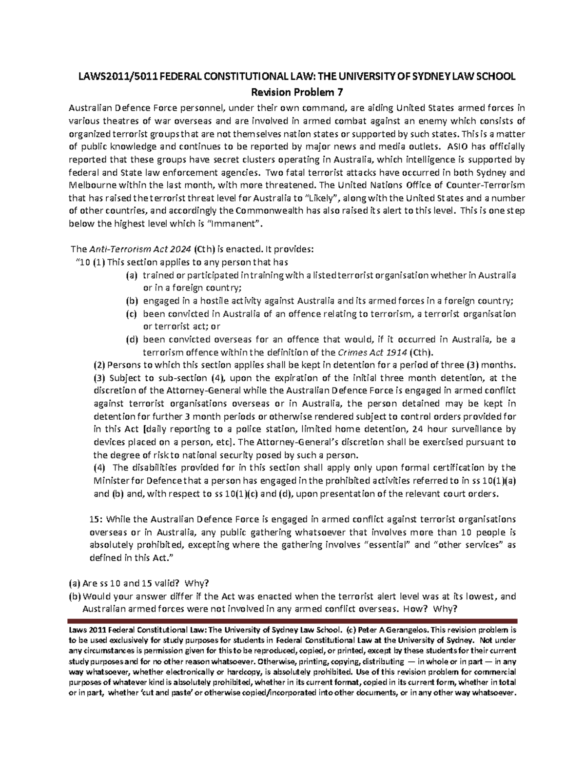 7 - Defence Power - Revision Problem - Laws 2011 Federal Constitutional ...