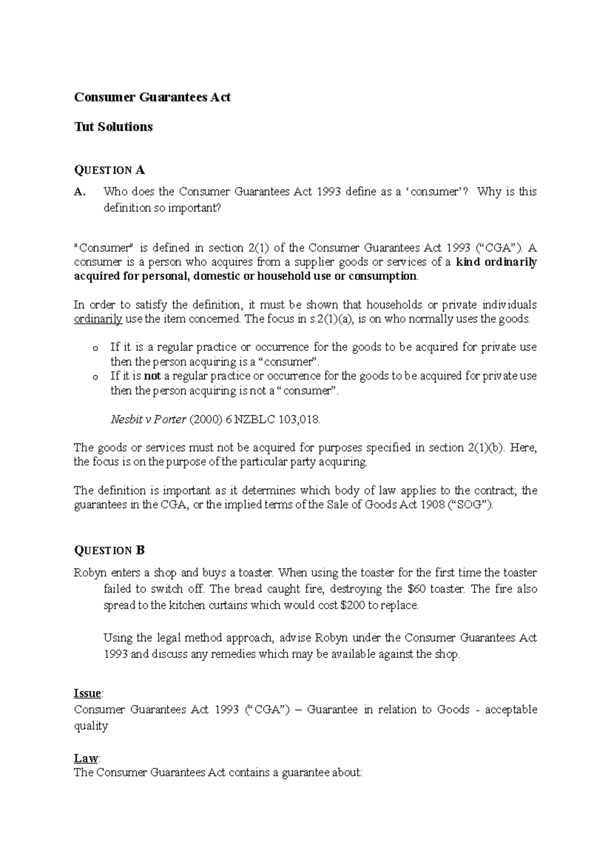 Week 5 Tutorial 3 CGAct Solution Consumer Guarantees Act Tut