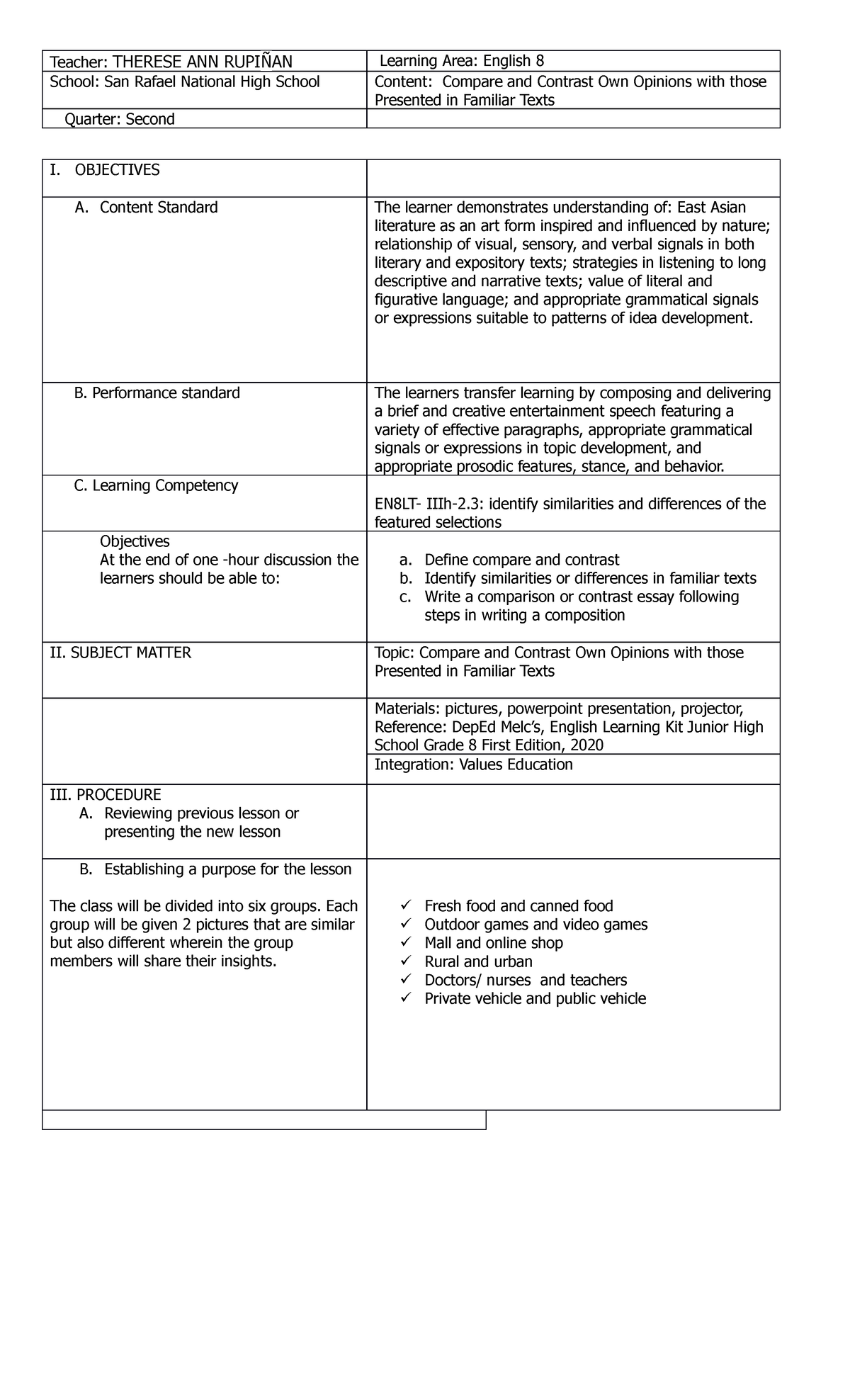 COT- English grade8 - Teacher: THERESE ANN RUPIÑAN Learning Area ...