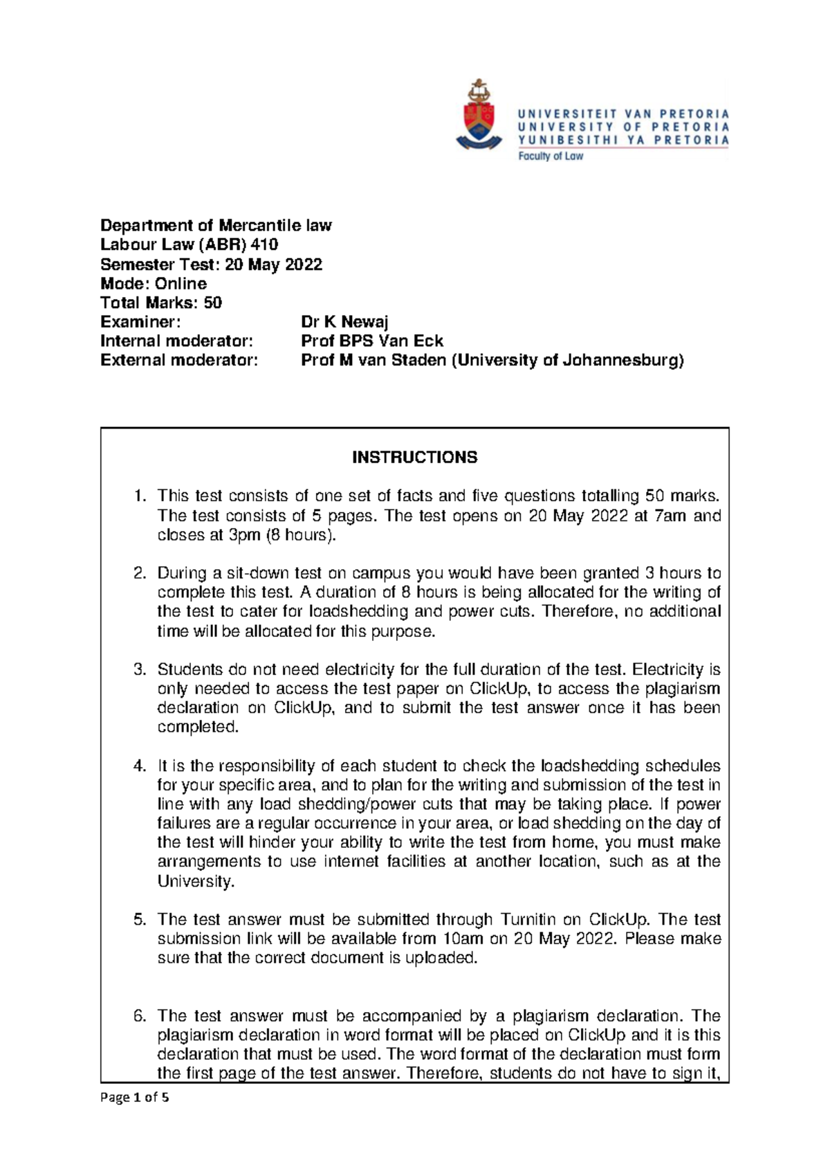 Semester TEST - ABR 410 - Department of Mercantile law Labour Law (ABR ...