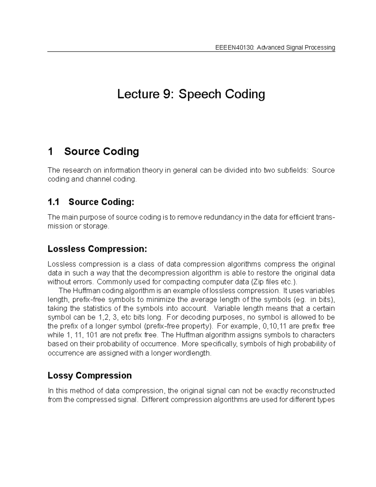 Lecture 9 Speech Coding - EEEEN40130: Advanced Signal Processing ...