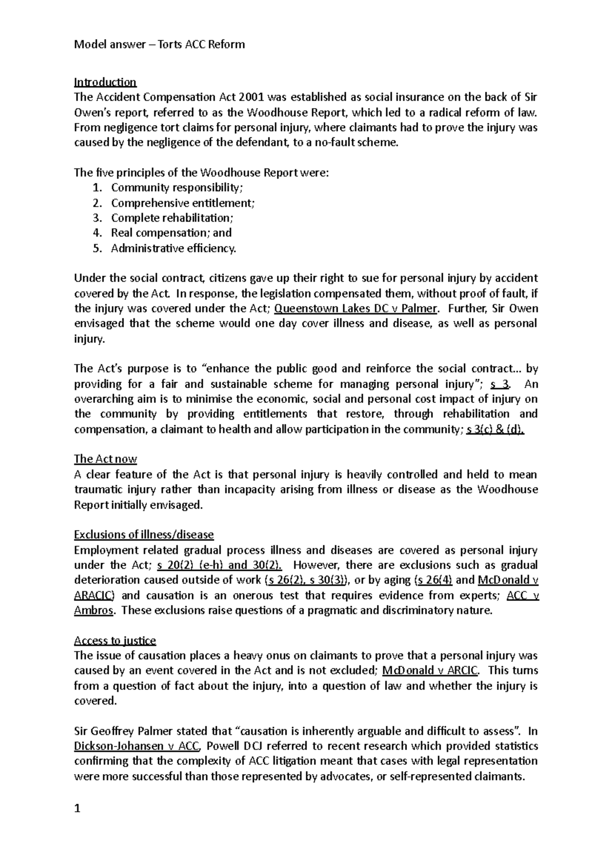 ACC Reform model answer - Model answer – Torts ACC Reform Introduction ...