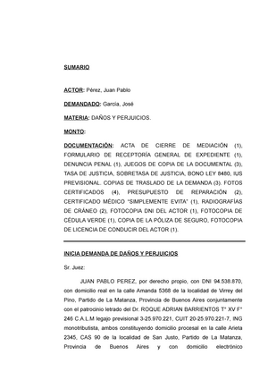 Modelo demanda daños y perjuicios - SUMARIO ACTOR: Pérez, Juan Pablo  DEMANDADO: García, José - Studocu