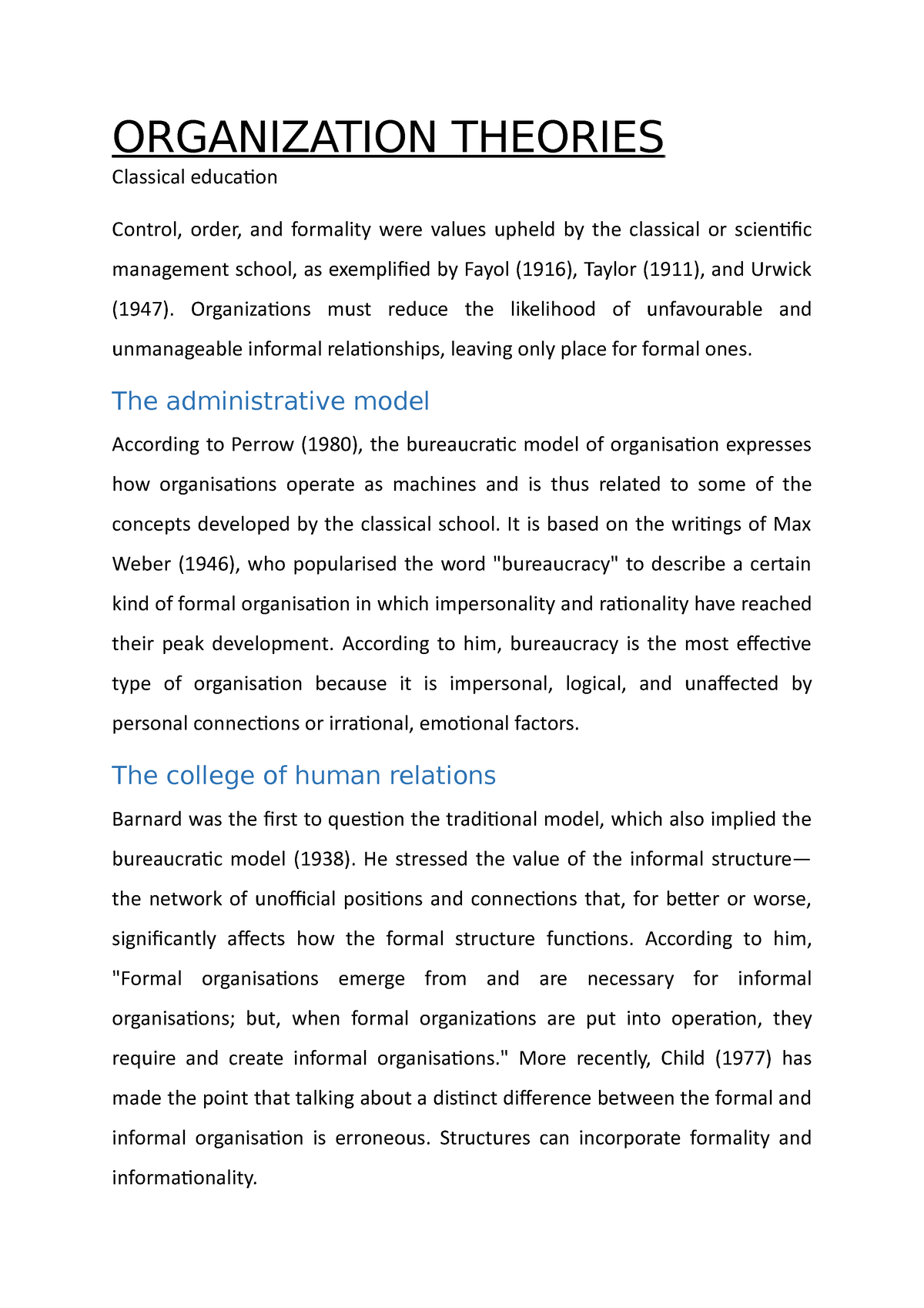 essay on theories of organization