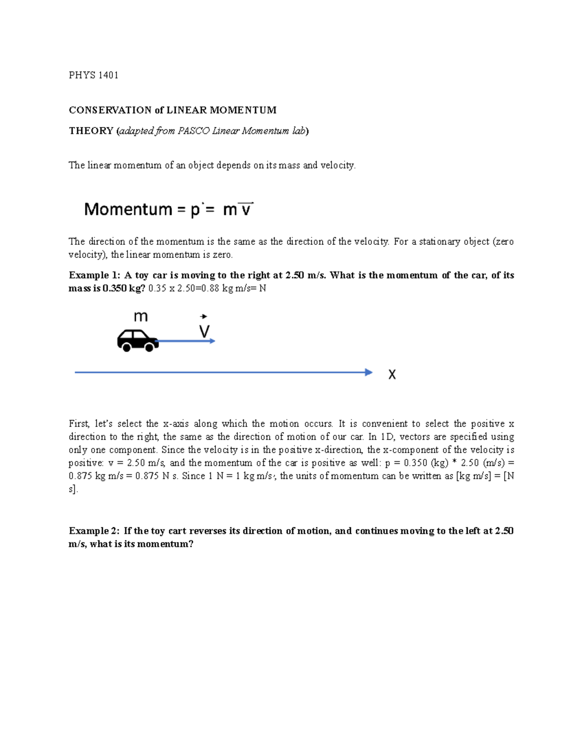 Lab 7- Linear Momentum Turn In - Phys 1401 Conservation Of Linear 