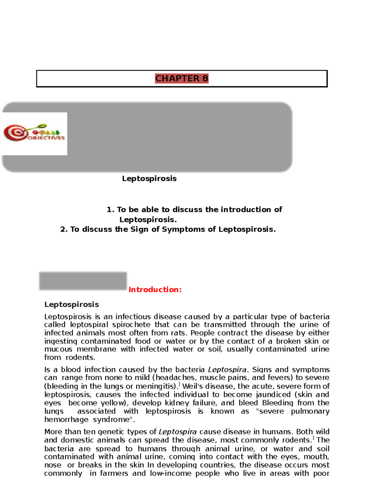 Chapter 8 Leptospirosis 1 CHAPTER 8 Leptospirosis 1. To be able to