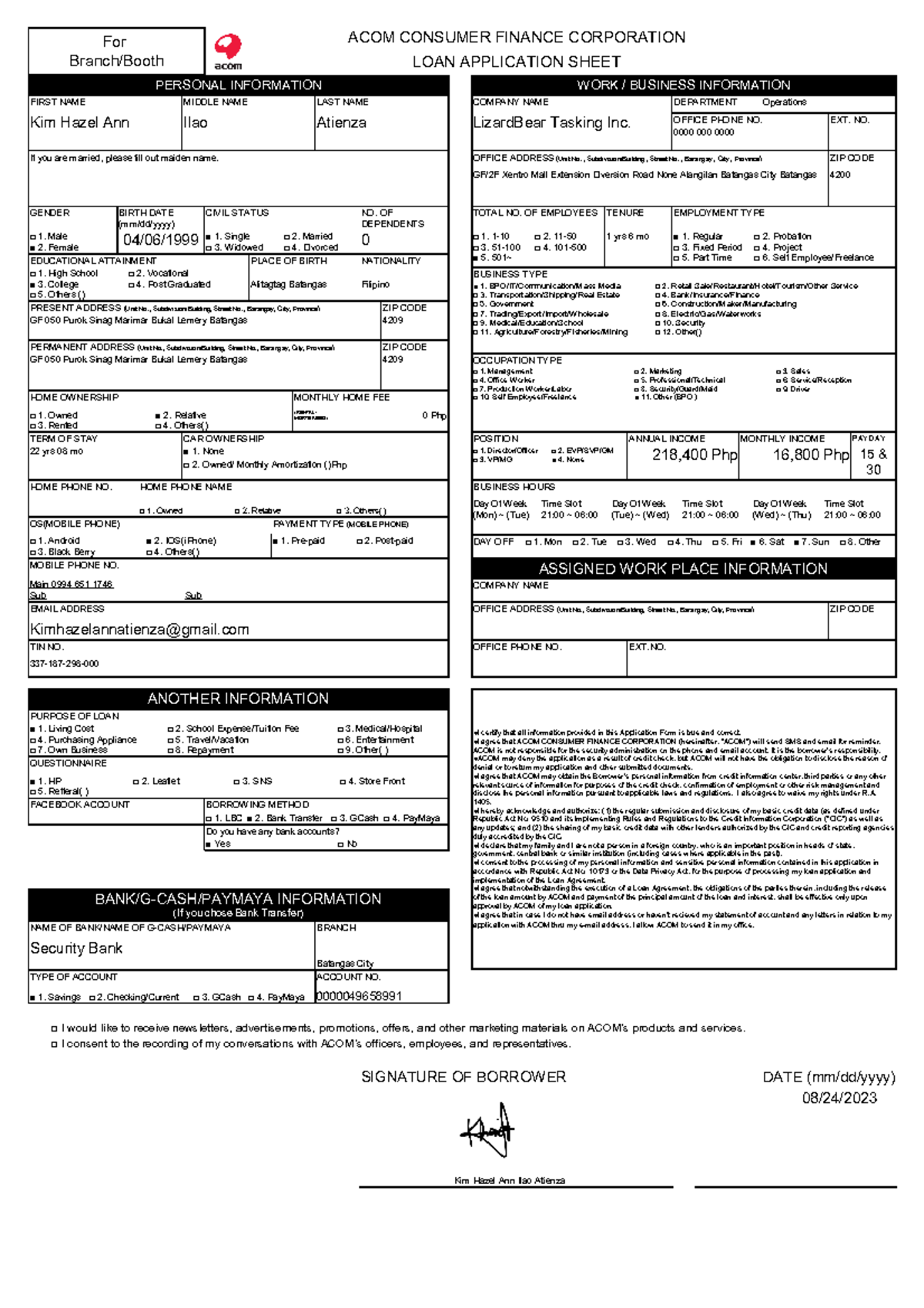 Application form - Done - For Branch/Booth ACOM CONSUMER FINANCE ...