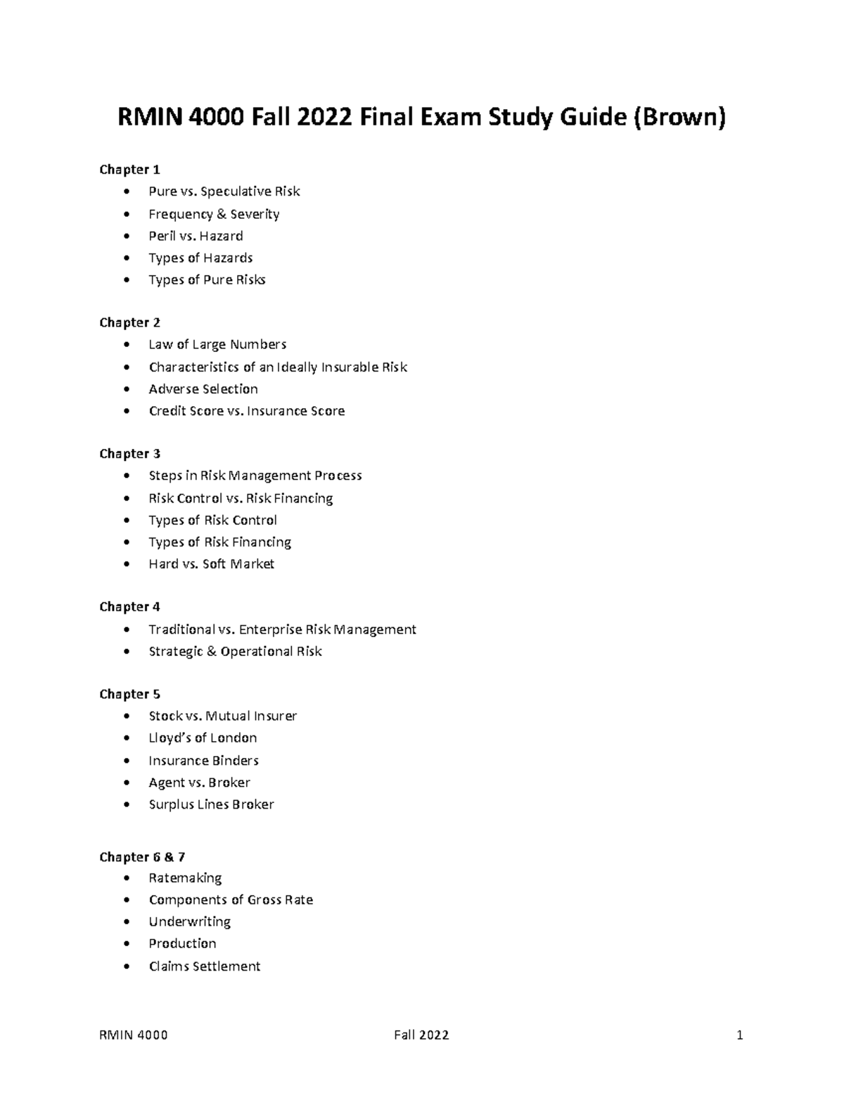 RMIN 4000 Fall 2022 Final Exam Study Guide - RMIN 4000 Fall 2022 1 RMIN ...