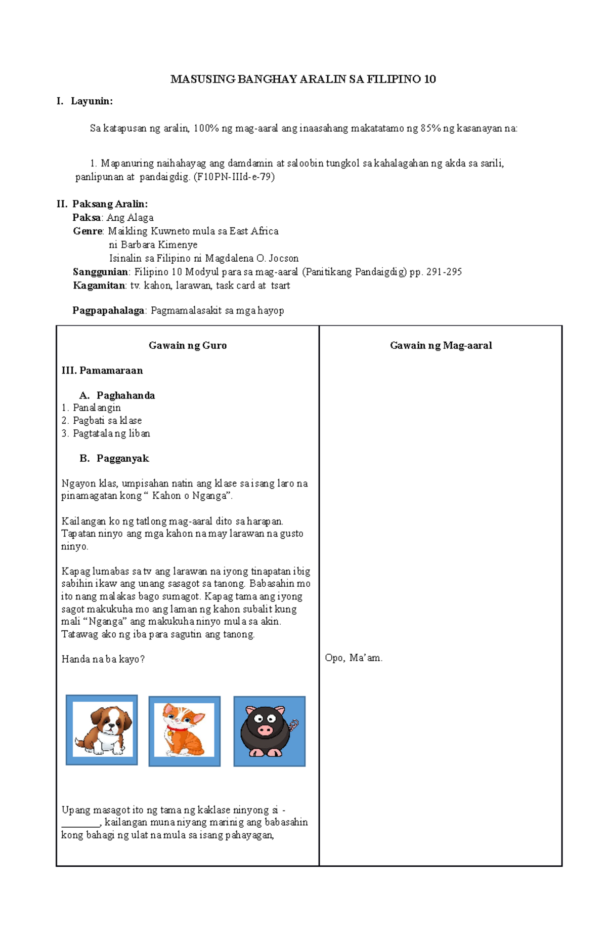 DEMO Jhs ang Alaga Ni Barbara Kimenye lesson Plan MASUSING BANGHAY 