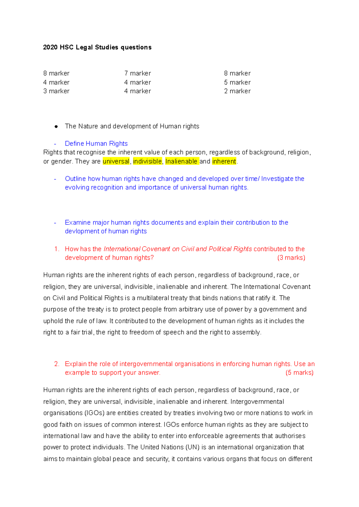 Human rights - past paper questions - 2020 HSC Legal Studies questions ...