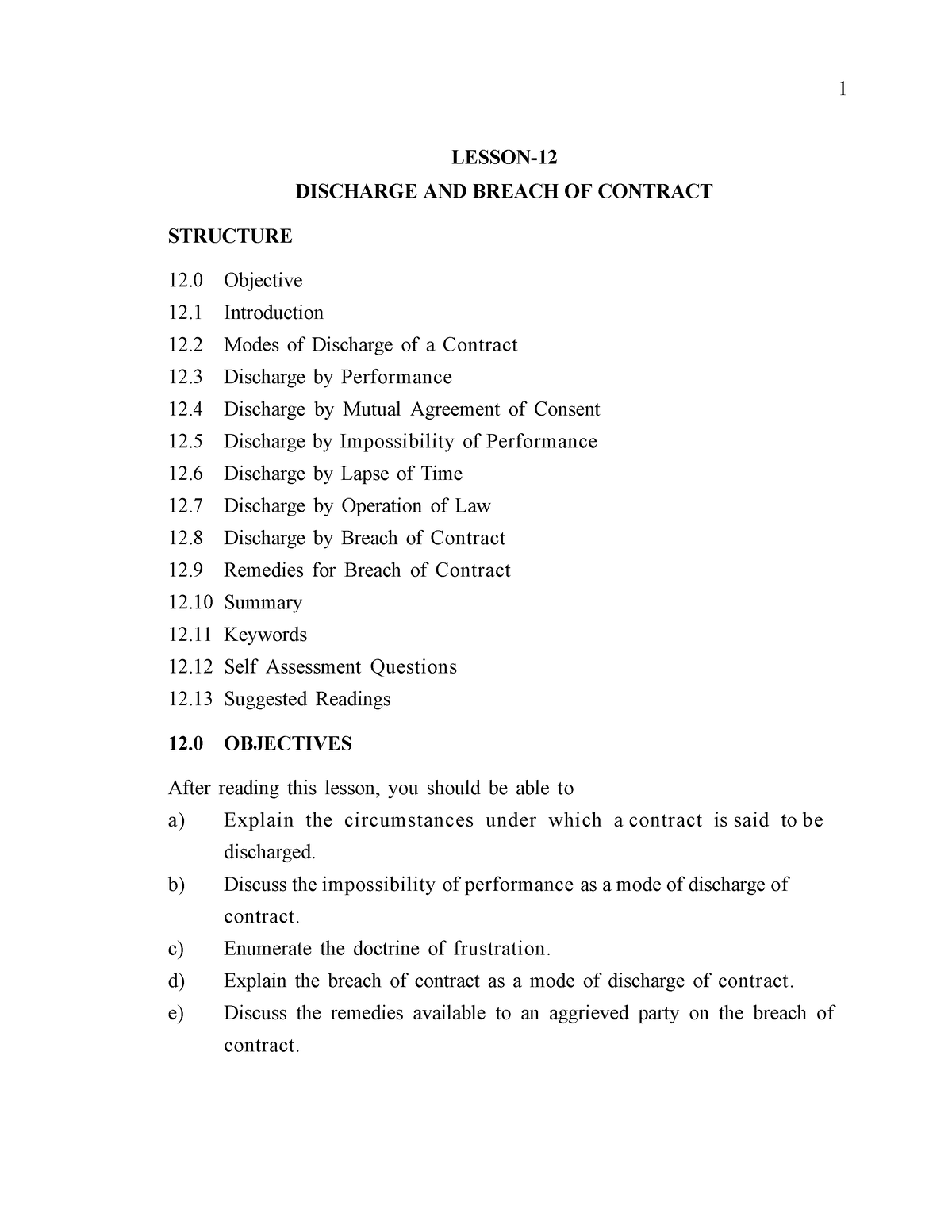 Lesson - 12 Discharge AND Breach OF Contract - 1 LESSON- DISCHARGE AND ...